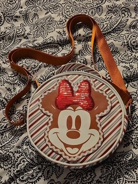 Disney Minnie Mouse Round Crossbody Bag w/ Red Sequin Bow Buckle Down NWT